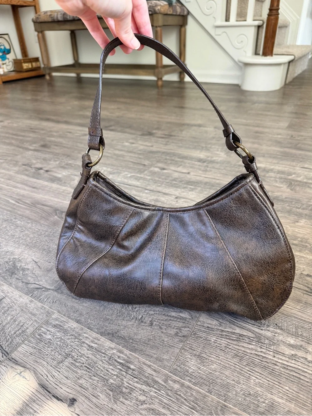 Fina Firenze Euro Structured Dark Brown Faux Leather Shoulder Bag